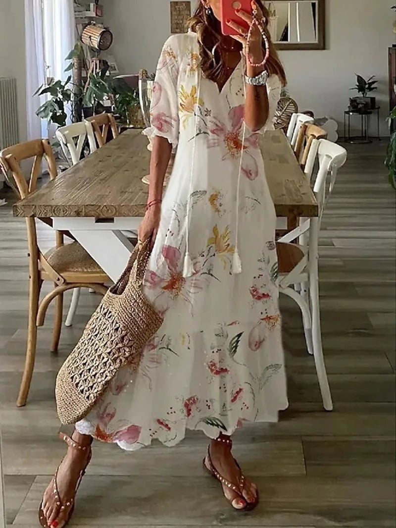 Freya | Chic Flowy V-Neck Summer Maxi Dress 0